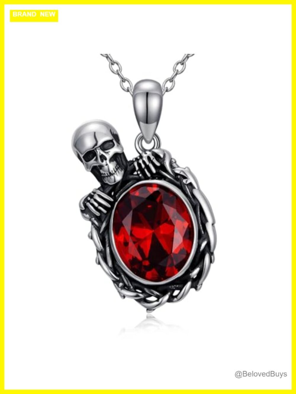 Garnet Skull Necklace 925 Sterling Silver Gothic Pendant Women Jewelry